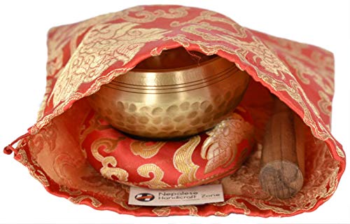 NHZ Meditation Yoga Singing Bowl Set With Mallet, Cushion & Brocade Bag - For Meditation, Chakra Healing, Prayer,Yoga, and Mindfulness (3.5 Inch Red) - color: Red