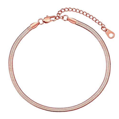 FindChic Elegant Herringbone Snake Chain Anklets/Bracelets 3MM/5MM Width Stainless Steel/18K Gold/Rose Gold Plated/Black 4 Color Options, 8.3'' 8.5'' 10.5'' Length, with Gift Box - color: A: 3mm 8.5'' anklet (Rose Gold Plated)