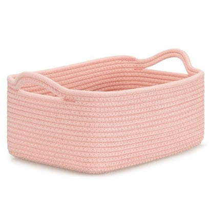 CLHMILY&Z Small Cube Storage Baskets, Decorative Woven Cotton Rope Baskets with Handles for Organizing, Shelf, Closet, Nursery, Bathroom, Toy Organizer Bins (1, Pink, 11.4 x 7.5 x 4.7)