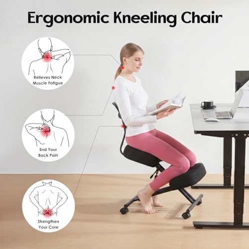 Kneeling Chairs with Backrest Linen Ergonomic Home Office Chair Adjustable Height Seat Rolling Wheels Comfort Thick Cushion Work Stool Improve Posture Chair - size: with back