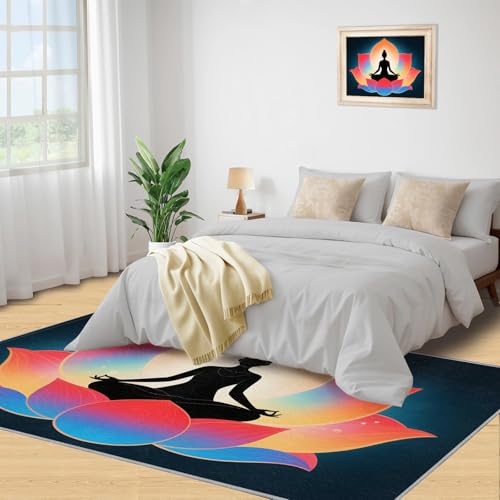 Yoga Rug, Abstract Lotus Rugs for Living Room, Meditation Washable Rugs for Bedroom, Low Pile & Non Slip, Indoor Carpet, 3x4 Area Rug & Home Decor
