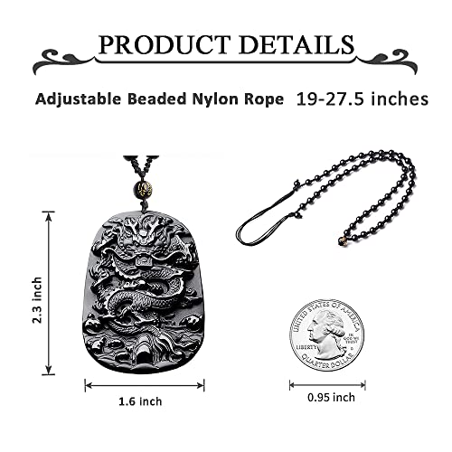 Black Obsidian Necklace Natural Crystal Amulet Protection Pendant with Adjustable Rope Lucky Talisman Necklaces Jewelry Gift for Men Women - color: Dragon