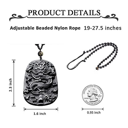 Black Obsidian Necklace Natural Crystal Amulet Protection Pendant with Adjustable Rope Lucky Talisman Necklaces Jewelry Gift for Men Women - color: Dragon