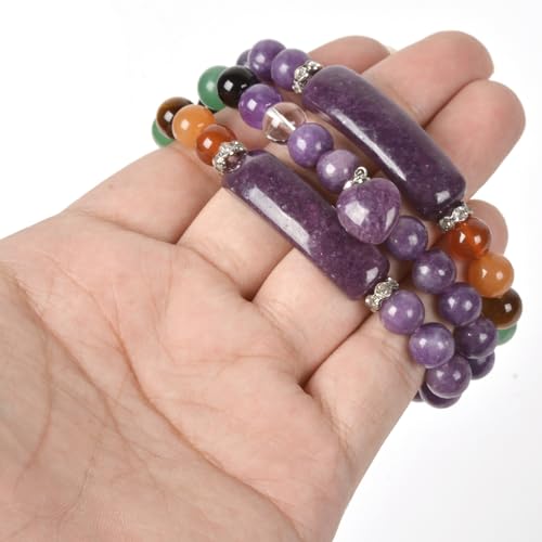 Justinstones Gem Semi Precious Gemstone Love Heart Charm Stretch Beaded Bracelet Unisex - color: Lepidolite Lithium Mica(7 Chakra)