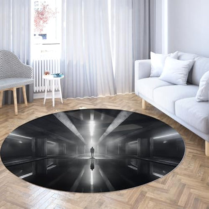 Meditation Space 6ft Round Rugs Lone Figure in Corridor Print Indoor Thin Floor Mat for Office Study Room Modern Creative Home Decor