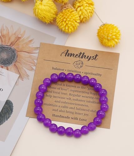 BOMAIL Natural Stone Bracelet for Women Men - 8MM Semi-Precious Gemstone Beaded Bracelet Healing Crystal Stretch Bracelet Yoga Bracelets Jewelry - color: Amethyst