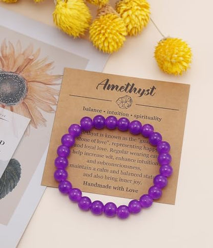 BOMAIL Natural Stone Bracelet for Women Men - 8MM Semi-Precious Gemstone Beaded Bracelet Healing Crystal Stretch Bracelet Yoga Bracelets Jewelry - color: Amethyst