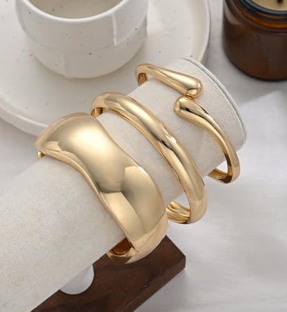 Chunky Gold Bangle Bracelets for Women, Dainty 14k Gold Plated Big Stackable Bangles Set, Trendy Statement Cuff Bracelet Stack Fashion Jewelry Gifts - style: 3 Chunky & thin bangles