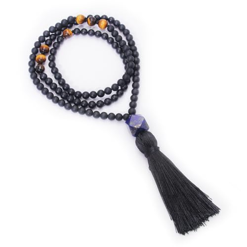 Mala Prayer Beads Necklace for Men - Protection Healing Crystal Beaded Necklace Japa Mala Necklaces with Tassel Natural Stone Jewelry for Meditation and Yoga