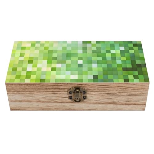 Green Pixel Cube Wooden Storage Box (7.9" X 3.9" X 2.3"),Vintage Wooden Jewelry Box with Hinged Lid Natural Wood Keepsake Storage Boxes, Decorative Rustic Organizer for Home Decor Crafts Rings Gifts - color: Green Pixel Cube
