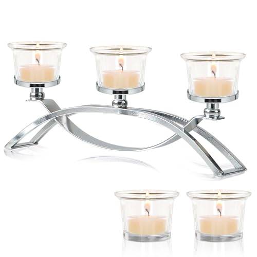3-Arm Metal Tea Light Candle Holder Set with 5 Glass Cups, Votive Candle Holders Centerpiece Candelabra for Wedding Table Decor, Home Gatherings and Holidays (Silver, 5 Cups) - color: Silver, size: 5 Cups