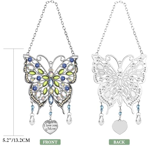 Butterfly Rhinestones Hanging Ornaments Charm Mom Wind Chime Ornament Charm with Metal Heart Gifts for Mom, Grandma, Aunt, Birthday (Blue)