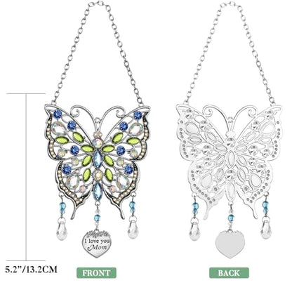 Butterfly Rhinestones Hanging Ornaments Charm Mom Wind Chime Ornament Charm with Metal Heart Gifts for Mom, Grandma, Aunt, Birthday (Blue)