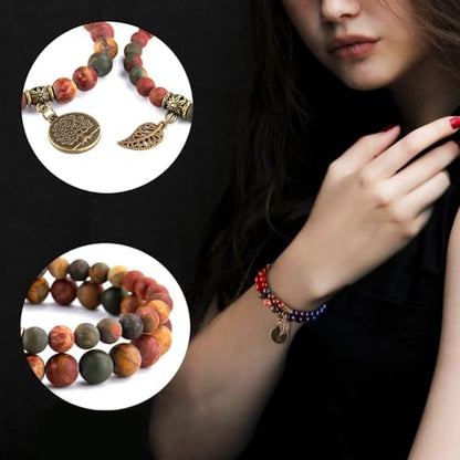 Bivei Natural Semi Precious Gemstone beads bracelet for women - Life Tree and Leaf Charm Energy Reiki Crystal Stretch Bracelets - color: Picasso Jasper Bracelet Set, size: Small:6.61-6.7inch
