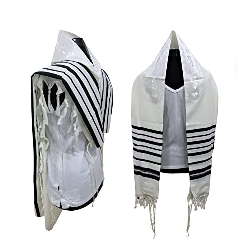 100% Wool Kosher Mehudar Badats Traditional Tallit Prayer Shawl, Tallit with a super elegant look - color: With Black Stripes, size: Size 60 - 75 X 55 Inch