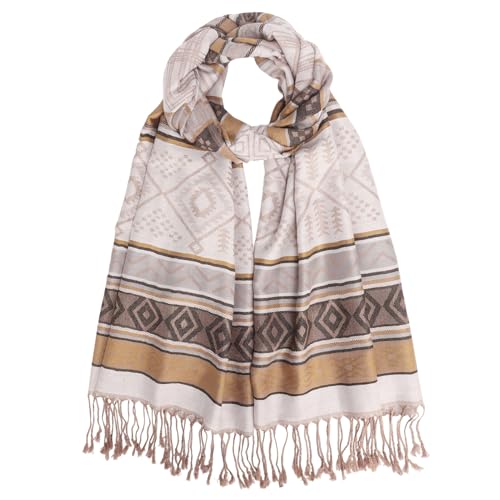 Paisley Pashmina Rave Shawl Scarf-Women's Reversible Ethnic Jacquard Pashmina Wraps for Travel - color: G#. White Grey Coffee