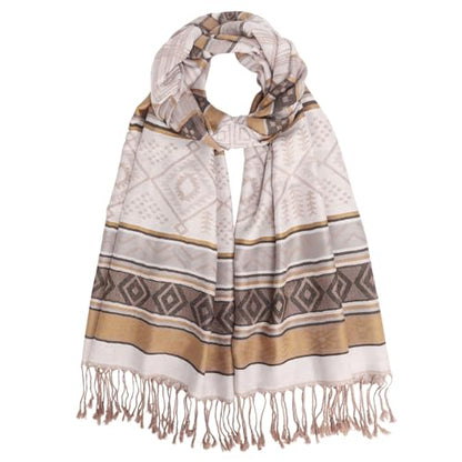 Paisley Pashmina Rave Shawl Scarf-Women's Reversible Ethnic Jacquard Pashmina Wraps for Travel - color: G#. White Grey Coffee