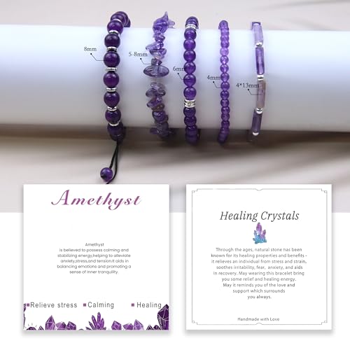 5Pcs Healing Crystal Bracelet for Women Men, Handmade Adjustable Gemstone Bracelets Beaded Reiki Energ Bracelet Set Jewelry Gifts for Women Men - color: Amethyst