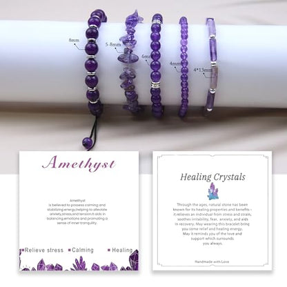 5Pcs Healing Crystal Bracelet for Women Men, Handmade Adjustable Gemstone Bracelets Beaded Reiki Energ Bracelet Set Jewelry Gifts for Women Men - color: Amethyst