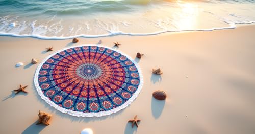Mandala Round Beach Tapestry Boho Hippie Blanket Bohemian Large Table Cloth Home Decor Yoga Mat Meditation Picnic Rug Throw Hippy Gypsy Tablecloth Roundie (42 Inches, Orange And Blue) - color: Orange And Blue, size: 42"L x 42"W