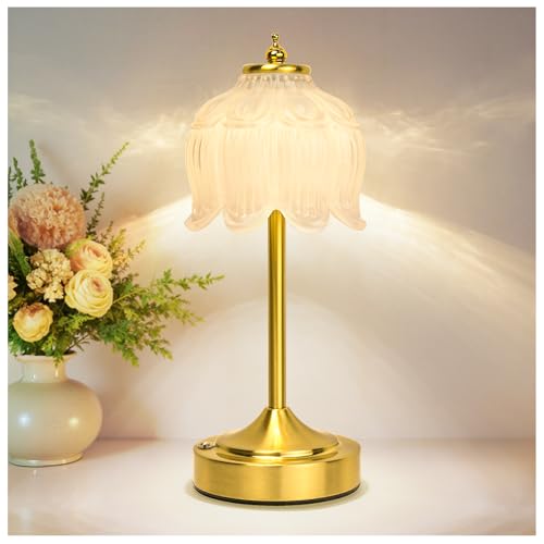 Cordless Lotus Flower Table Lamp, 5200mAh Rechargeable Battery Operated Portable Lamp, 3-Color Dimmable Touch Control Small Desk Lamp for Bedroom, Office, Kitchen, Nightstand,Room Decor(White) - color: White