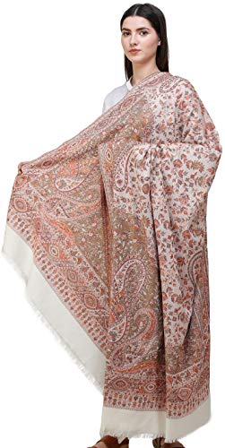 Exotic India Reversible Jamawar Shawl with Woven Paisleys - Wool - color: Snow White