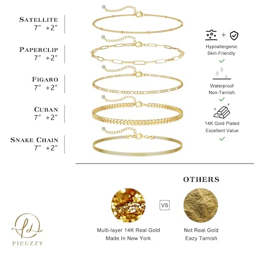 DEARMAY Gold Bracelets for Women Waterproof, 14K Gold Plated Stackable Jewelry Sets Non Tarnish Trendy Thin Dainty Cuban Link Paperclip Chain Bracelet Stack Fashion Accessories Gifts for Womens - style: 5Pcs BRACELET E