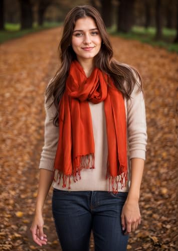 Achillea Lightweight Pashmina Scarf for Women – Soft Silky Shawl Wrap for Evening Dresses, Bridesmaids & Everyday Wear - color: Burnt Orange