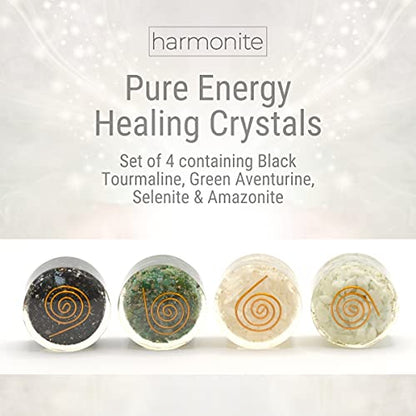 4 Meditation Crystals and Healing Stones. Relaxation Gift Set. Black Tourmaline, Green Aventurine, Selenite and Amazonite Crystal Stress Relief, Self Care Healing Crystals