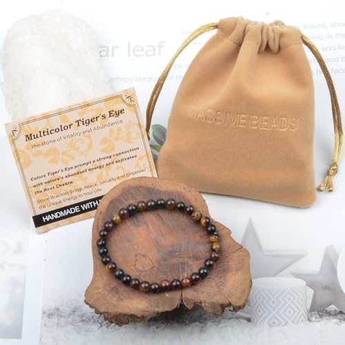 MASSIVE BEADS Handmade Yoga Stretch Elastic Bracelet Natural Stone Crystal Healing Power Energy Gifts for Unisex Adult 4mm 6mm 8mm 10mm - color: 3-Tiger's Eye (Vitality and Abundance), size: 6mm