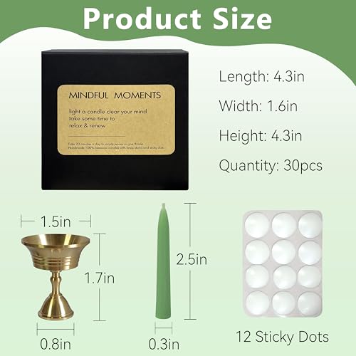 20 Min Sage Green Meditation Candles – 30 Pack, Includes Mini Candle Holder & 12 Wax Dots, Slow Burn, Natural Unscented, Yoga Prayer Mindfulness & Relaxation - color: Green, size: 30 Pack