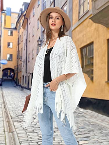 Soul Young Knit Shawl Wrap for Women Ladies Fringe Poncho Blanket Cardigan Cape - color: Z Rhombus Cream White