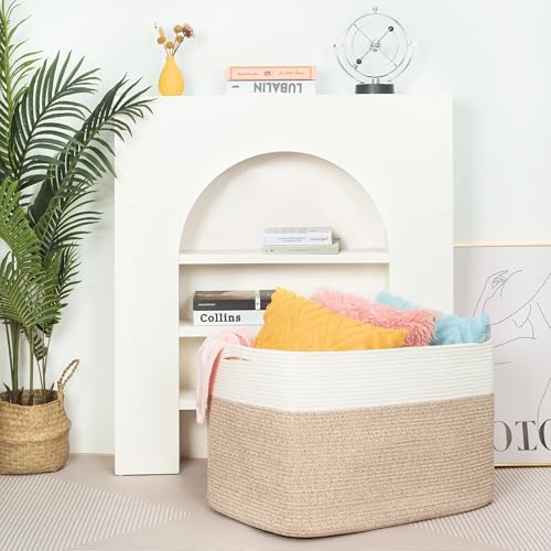 MINTWOOD Design 112L Extra Large Blanket Basket Holder Living Room, 25"x17"x16" Rectangle Rope Woven Storage Basket with Handles for Laundry, Pool Towels, Shoes, Dog Toy Organizer Bin Box, Light Brown - color: Light Brown