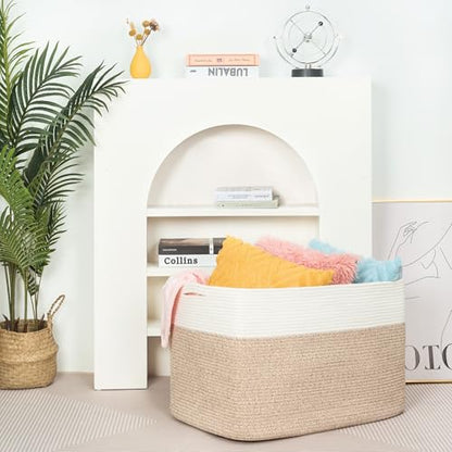 MINTWOOD Design 112L Extra Large Blanket Basket Holder Living Room, 25"x17"x16" Rectangle Rope Woven Storage Basket with Handles for Laundry, Pool Towels, Shoes, Dog Toy Organizer Bin Box, Light Brown - color: Light Brown