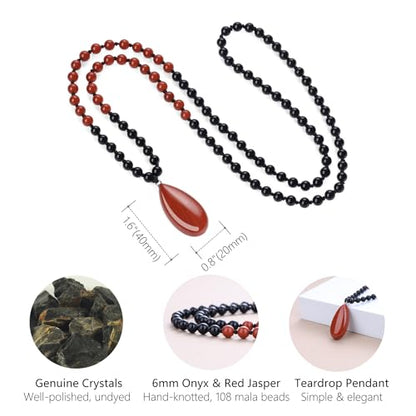 COAI Teardrop Pendant Necklace 108 Mala Stone Beaded Necklace, Prayer Beads Necklace for Women - style: Onyx & Red Jasper