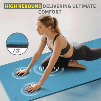 Foldable Extra Large Yoga Mat 74"×31.5", 8mm Double-Sided Non Slip Lightweight Fitness Mat for Man & Woman, Portable for Home Studio & Travel - color: Blue+Black