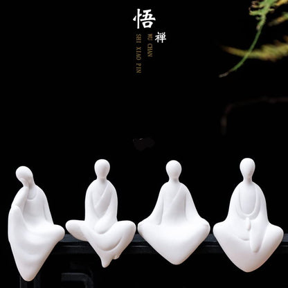 Ceramic Minimalist Statue, Chinese Ancient Buddhism Statues and Sculptures Table Top Bookshelf Top Desk/Bookshelf/Dinning Table/Teahouse Home Decor, Yoga/Zen/ Meditation/Inner Peace Decor (Set of 4)