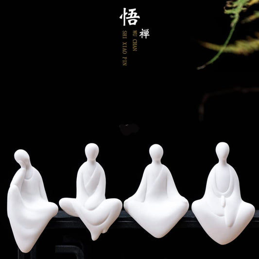 Ceramic Minimalist Statue, Chinese Ancient Buddhism Statues and Sculptures Table Top Bookshelf Top Desk/Bookshelf/Dinning Table/Teahouse Home Decor, Yoga/Zen/ Meditation/Inner Peace Decor (Set of 4)