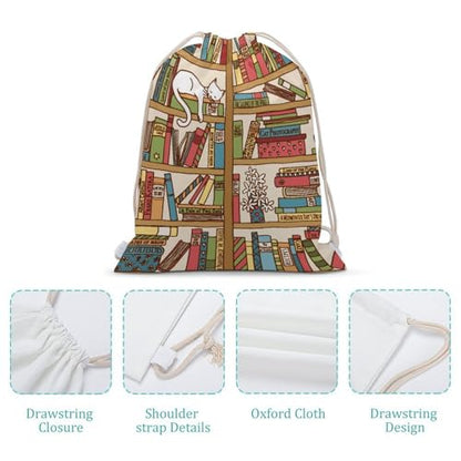 Sleeping Cat Library Bookshelf Portable Canvas Drawstring Backpack with Drawstring Pockets 35x50cm - color: Sleeping Cat Library Bookshelf, size: 35x50cm