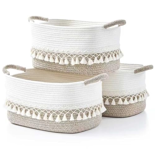 Woven Baskets, 3-Pack Storage Basket for Living Room, Bedroom, Nursery, Stylish Gift Basket with Handles, Cotton Rope Basket for Toys and Shelves, Multi-Purpose Organizer, White/Beige - color: White/Beige