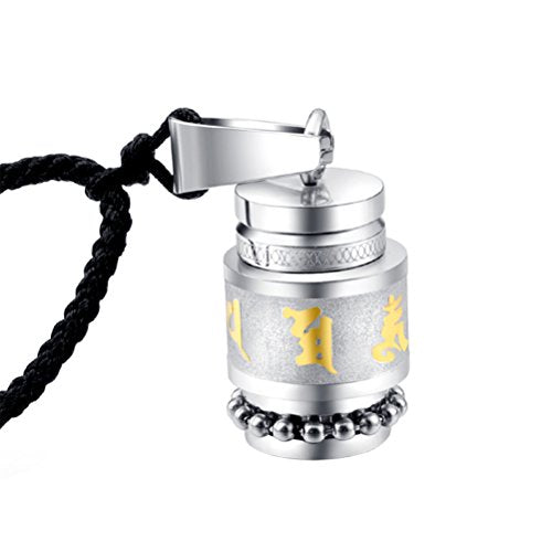 Men's Stainless Steel Open Lucky Buddha Mantra Pendant Necklace Bottle Container Memorial with Braided Rope - color: Mantra - Silver (small)
