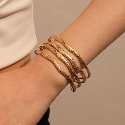 POTESSA 18K Gold Plated Cuff Bracelets Adjustable Dainty Bangle Handemade Jewelry for Women - style: Wide Wave