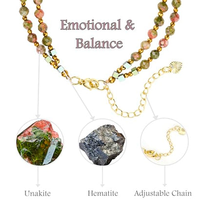 Farfume Beaded Bracelets for Women, Chakra Crystal 4mm Beads Gemstone Natural Stone Bead Spiritual Jewelry Gifts for Women - color: Mottled Green and Pink Unakite-Balance