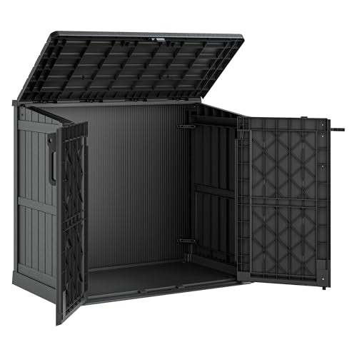LHBcraft Waterproof Outdoor Storage Box 36 Cu Ft with Lockable Doors, Portable Horizontal Resin Storage Shed, Outdoor Storage Cabinet for Backyards - color: Dark-Black, size: 29.1"×51.1"×43.3"