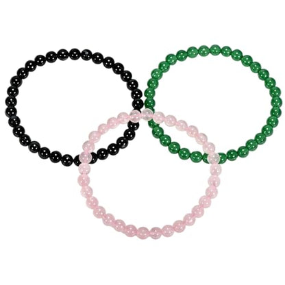 3PCS Agate Bracelet for Women Men Natural Round Beaded Agates Stone Healing Stretch Bracelets Elastic Handmade Polished Gemstone Beads Bracelet - color: Black+Pink+Green