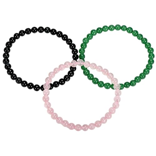 3PCS Agate Bracelet for Women Men Natural Round Beaded Agates Stone Healing Stretch Bracelets Elastic Handmade Polished Gemstone Beads Bracelet - color: Black+Pink+Green
