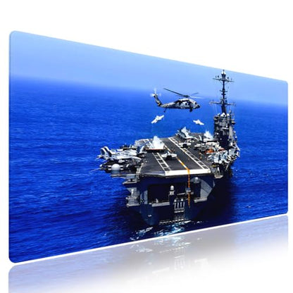 Extra Large Gaming & Office Mouse Pad (31.5" x 11.8") – Aircraft Carrier & Fighter Jet Group & Helicopter, US Navy Premium XXL Desk Mat with Durable Stitched Edges & Anti-Slip Rubber Base - color: Aircraft Carrier Navy Blue Ocean