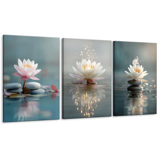 Calm Zen Lotus Wall Art, White Lotus Blooming on Stones in Water Wall Decor Pictures, Modern Spiritual Poster Prints, Yoga Spa Meditation Room Decor Artwork for Zen Office - Framed, 16"x24"x3 - color: Lotus, size: 16" x 24"x3