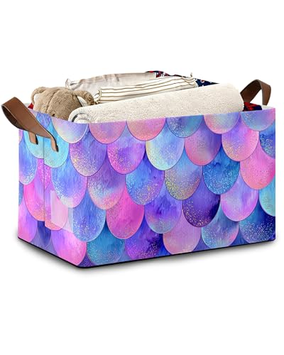 Glitter Fish Scales Storage Baskets,Mermaids Foldable Organizer Bin with Handles for Home Living Room Bedroom Closet Box 17x11.5x10Inch - color: Glitter Fish Scales Mermaids