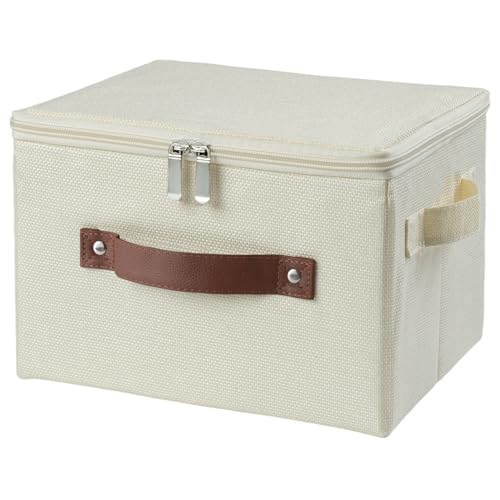 Storage Bins with Zipper Lid Foldable Fabric Lidded Storage Boxes Baskets Cubes Washable Collapsible PU Leather Handle Cotton Linen Shelf Fabric Closet Organizer Container(Beige, Small Size) - color: Beige, size: Small ( Set of 1 )